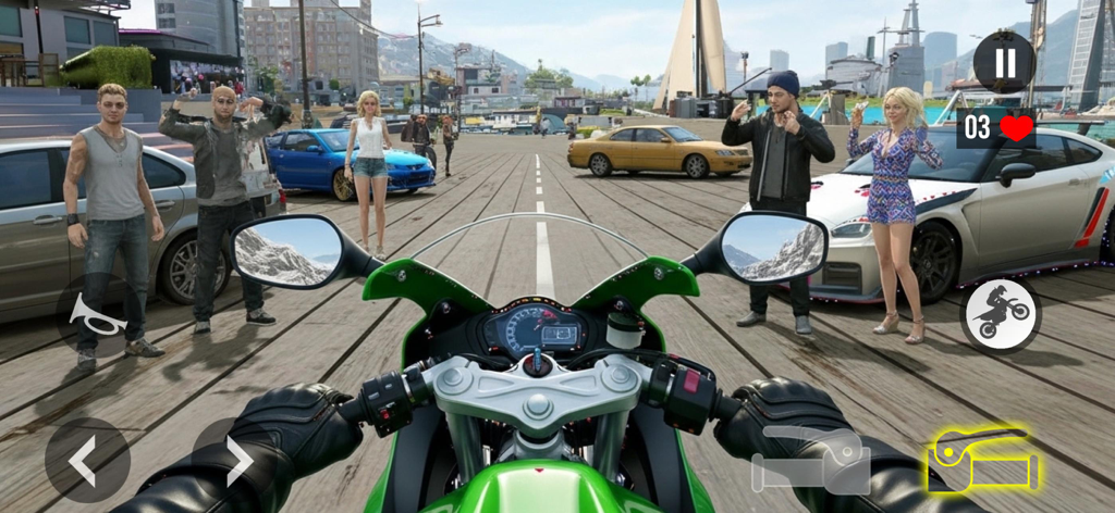 GT Bike Racing Moto Bike Games - First person view of a green motorcycle at a starting line with characters and cars on a coastal pier.