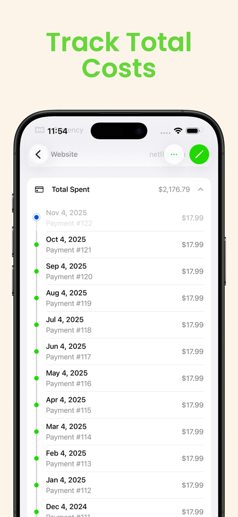 A mobile interface showing total subscription spending and a monthly payment history log.