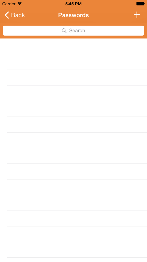 FingerLock - Protect Your Passwords - Interface of the FingerLock app showing an empty password list with a search bar and add button