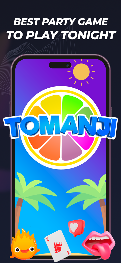 Tomanji · Party game - Tomanji party game home screen with colorful citrus logo and beach theme
