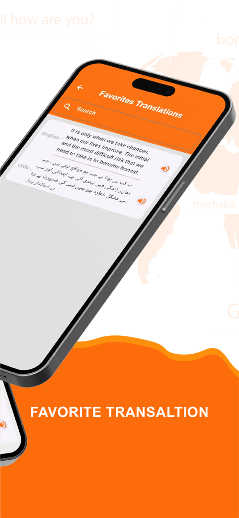Speak & Translate All Language - Favorites screen of the Speak and Translate app showing a saved English to Urdu translation.