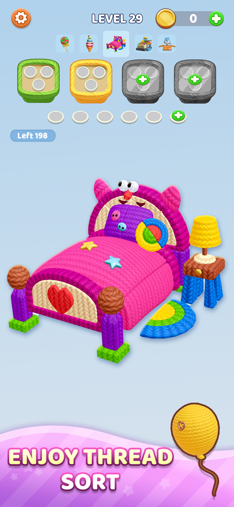 Yarn Fever Unravel Puzzleのカラフルなモバイルゲーム画面。3D編み物のベッドと糸のソーティングインターフェースが特徴