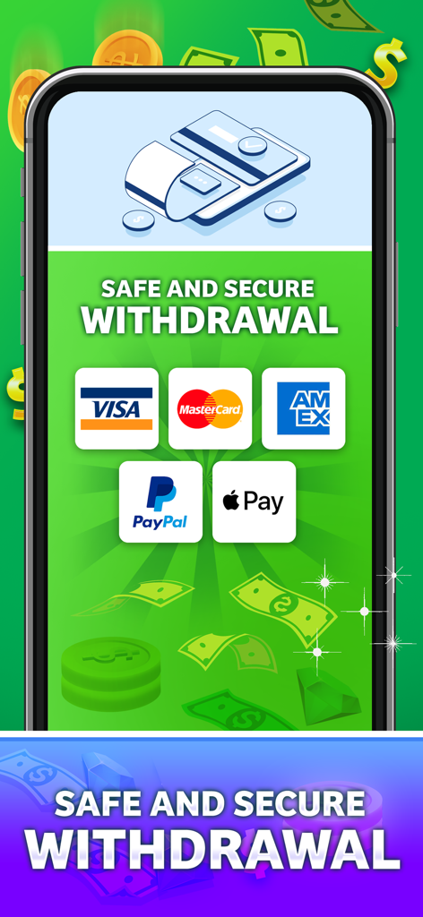 Métodos de retiro de efectivo seguros, incluyendo PayPal, Apple Pay y tarjetas de crédito.