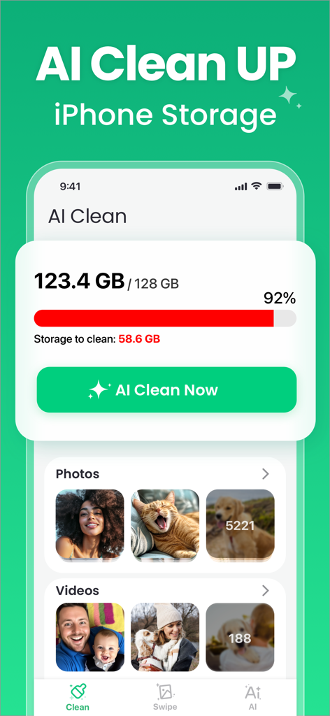 AI Phone Cleaner・Photo Swipe - Interface do aplicativo AI Phone Cleaner mostrando o uso de armazenamento do iPhone e o botão de limpeza de IA