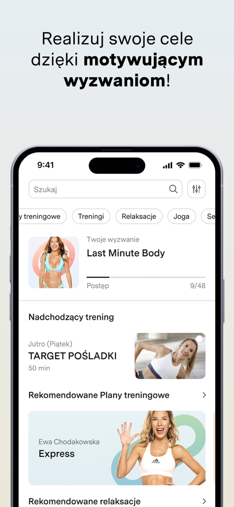 Interface of BeActiveTV mobile app showing workout challenges and training plans by Ewa Chodakowska