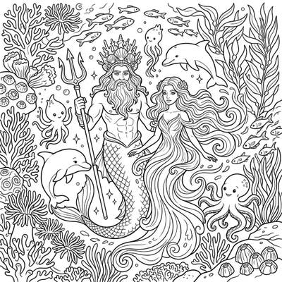 Explore the enchanting depths of the ocean with this intricate Sea Gods & Spirits coloring page, featuring powerful deities and a vibrant underwater ecosystem. Perfect for teens and adults, this detailed linear art design promises hours of creative immersion.