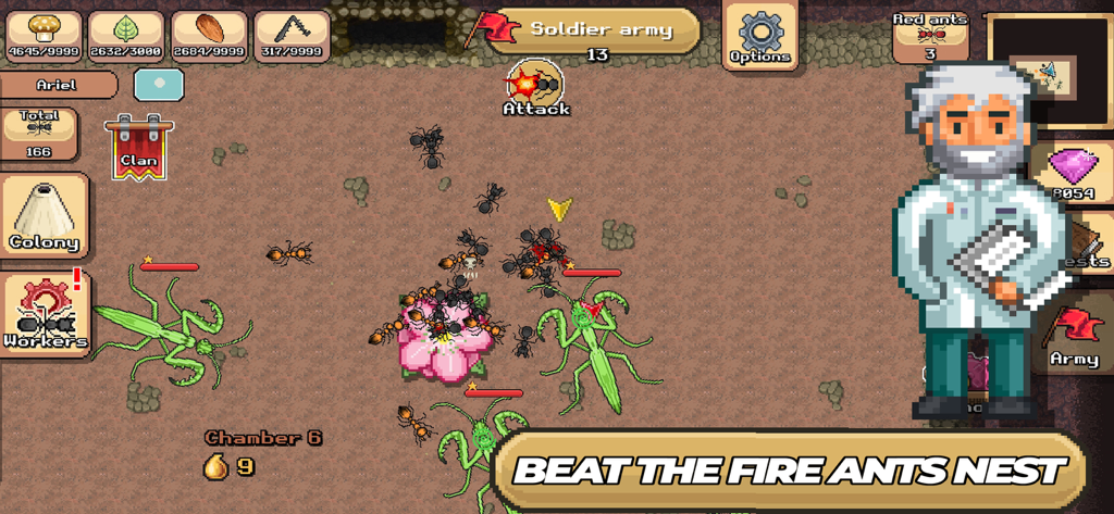 Gameplay screenshot of Pocket Ants showing a soldier ant army attacking large green insects in a desert environment