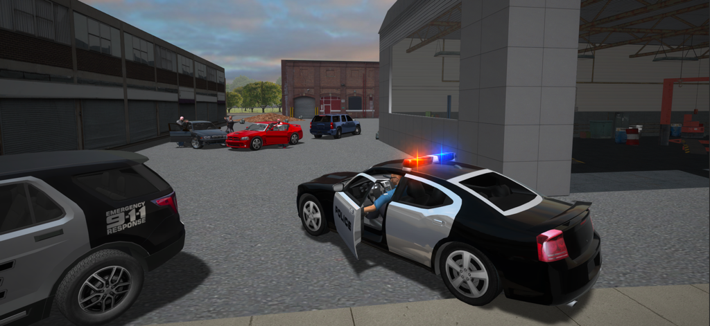 Police Cop Simulator. Gang War - 工業地帯での立てこもり現場でパトカーから降りる警察官