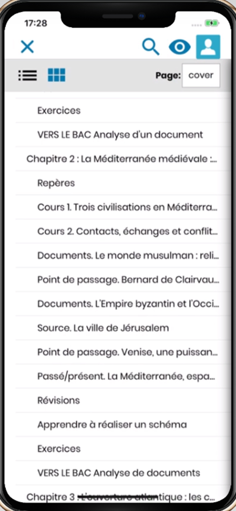 Lista de capítulos en un libro de texto digital de historia francesa dentro de la aplicación Biblio-Manuels