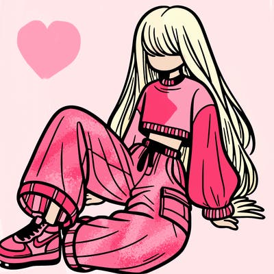 a girl with baggy pants and a crop top with long hair