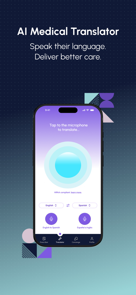 DocUpdate - Interface du traducteur médical IA de l'application mobile DocUpdate pour les professionnels de la santé, avec traduction de l'anglais vers l'espagnol
