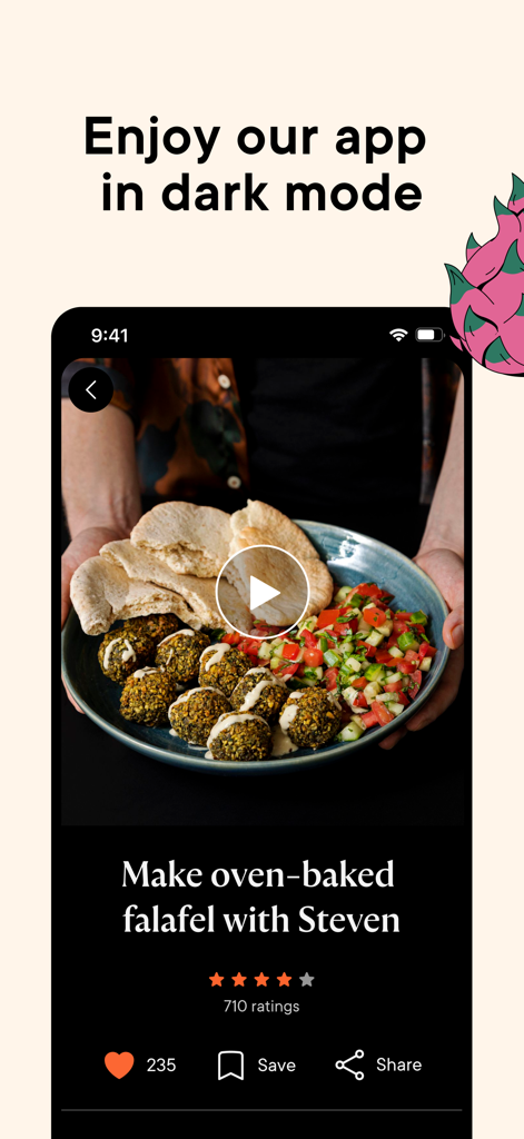 Interfaccia dell'app Kitchen Stories in modalità scura con una ricetta video di falafel