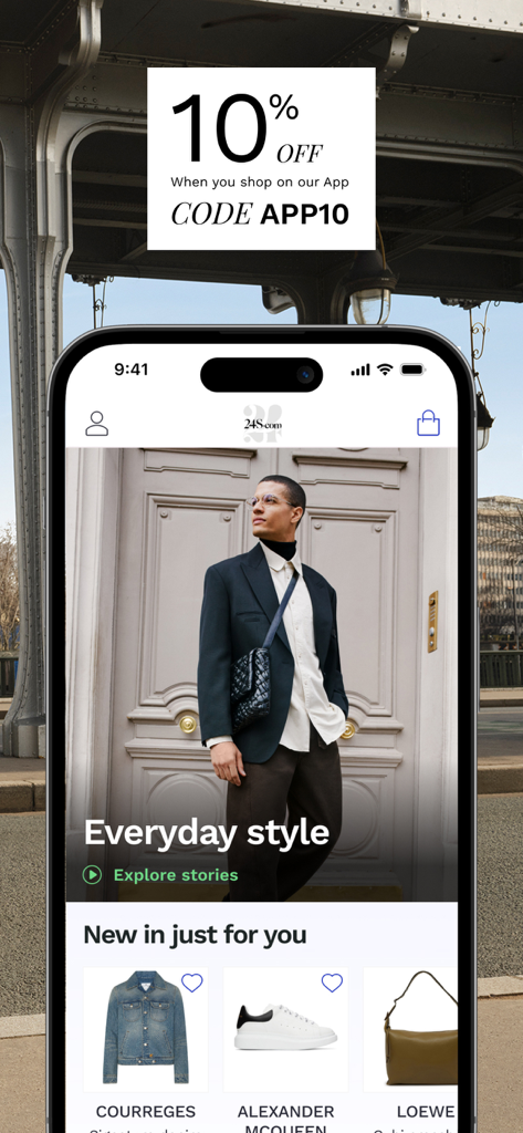 24S: Luxury Fashion Designers - 24S luxury fashion app interface featuring a 10 percent discount code and designer apparel