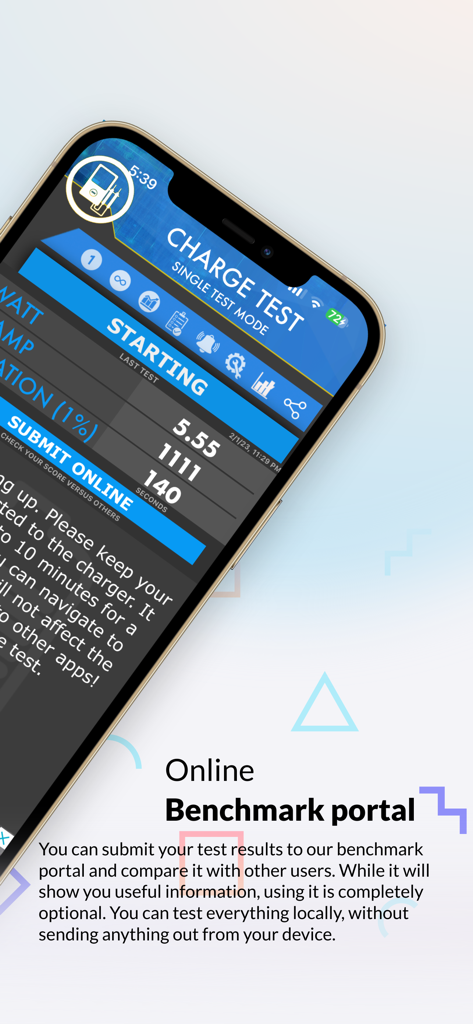Amperes app interface displaying a battery charge test and details about the online benchmark portal