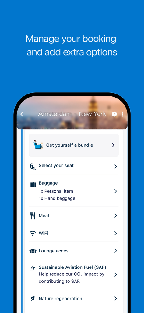 Interfaz de la app KLM para gestionar reservas de vuelos y añadir opciones de viaje adicionales