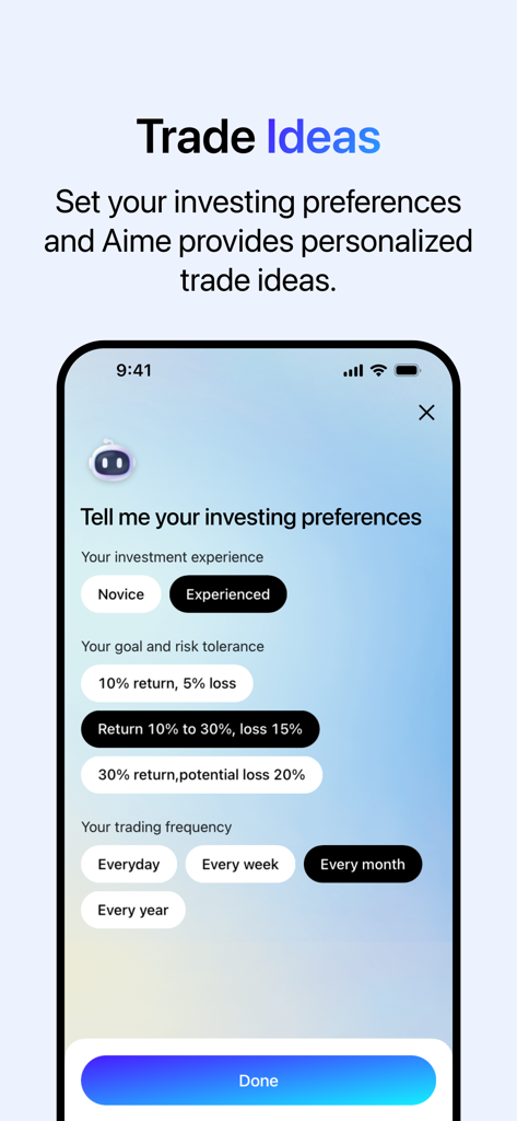 AInvest: AI Stock Investing - Schermata dell'app AInvest che mostra il consulente AI Aime che richiede le preferenze di investimento dell'utente per idee di trading personalizzate