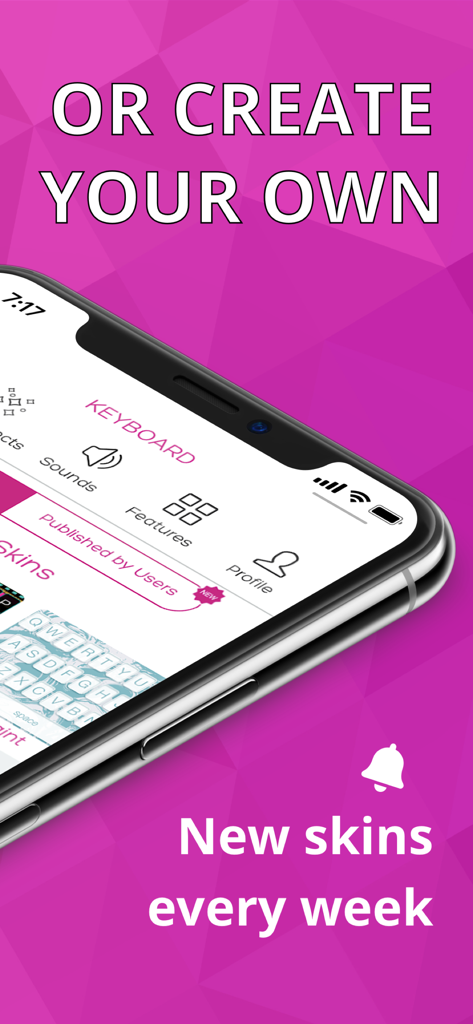 iPhone showing keyboard customization options with text or create your own and new skins every week