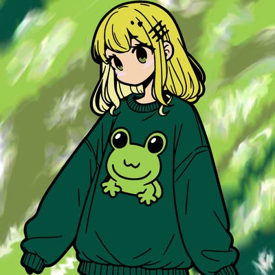 girl wearing frogging sweatshirt