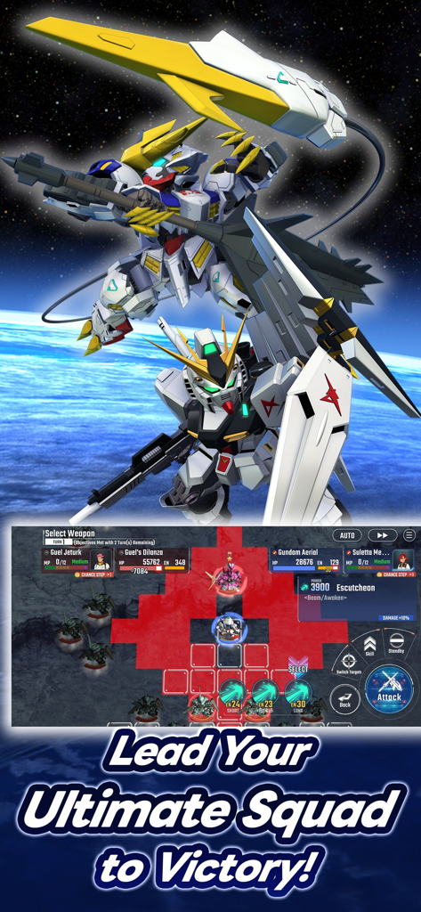 Uno screenshot di SD Gundam G Generation ETERNAL che mostra una battaglia tattica basata su griglia con vari Mobile Suit e il testo Guida la tua squadra definitiva alla vittoria.