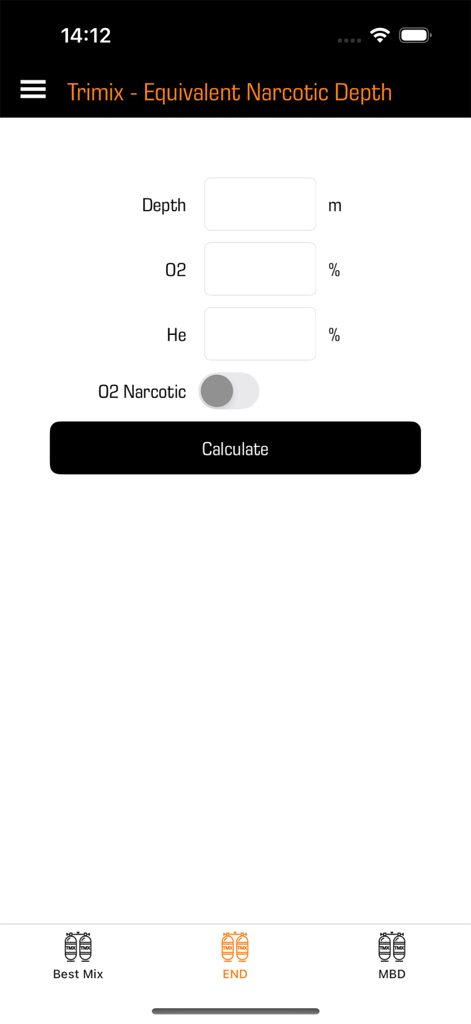 Scuba Gas Calculator - Trimix Equivalent Narcotic Depth calculation interface on the Scuba Gas Calculator mobile app