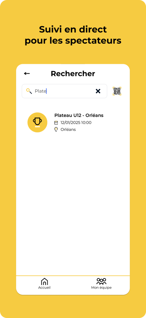 A screenshot of the Easy Comp app interface showing a search bar and live tournament tracking for spectators.