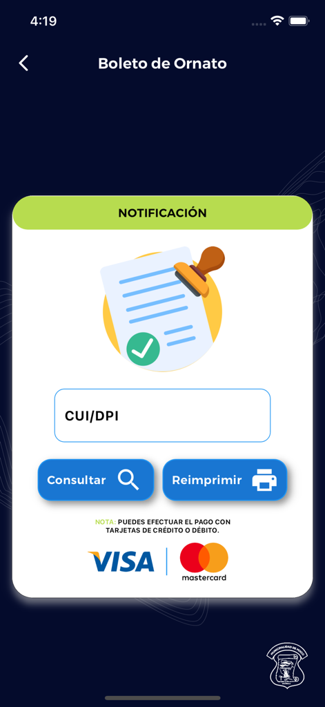 Consultas Mixco - Consultas Mixco app screen for searching and reprinting the Boleto de Ornato using CUI or DPI with credit card payment options