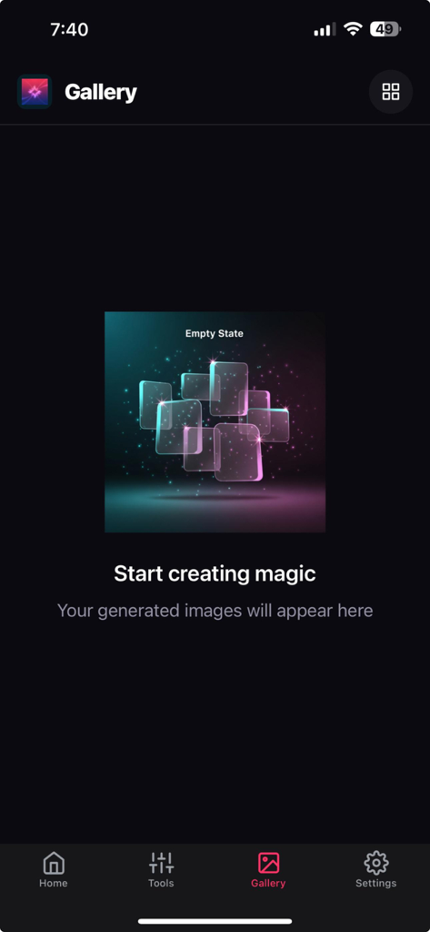 Photo AI画像ジェネレーターアプリの空のギャラリービュー。「魔法の作成を開始」プロンプトが表示されています。