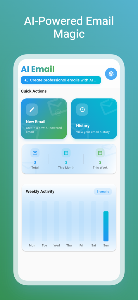 Dashboard der KI-E-Mail-Assistent-App, das schnelle Aktionen für neue E-Mails und den Verlauf zusammen mit einem wöchentlichen Aktivitätsbalkendiagramm zeigt.