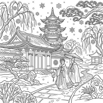 Immerse yourself in a beautiful Tang Dynasty winter scene, featuring majestic architecture and elegantly dressed figures amidst falling snowflakes. This intricate coloring page offers a peaceful and cultural escape, perfect for history lovers and art enthusiasts alike.