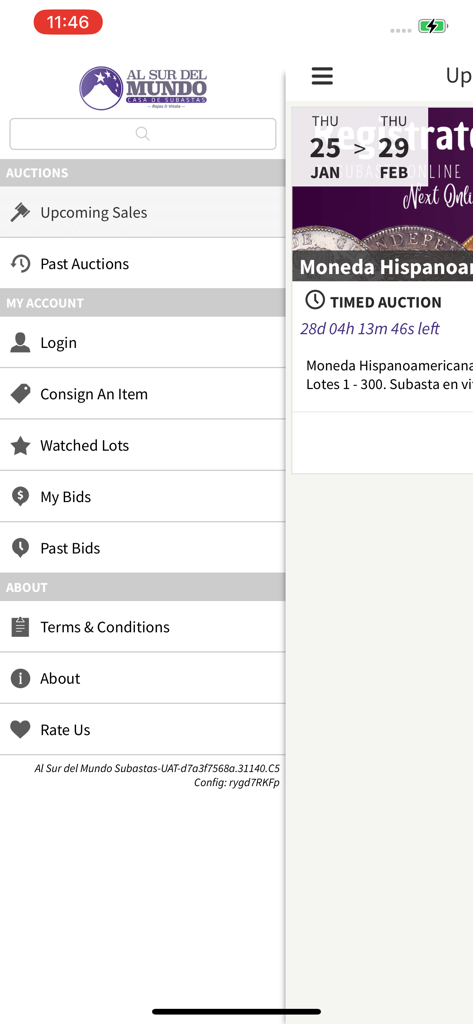 South of the World Auctions - Menú de navegación lateral de la aplicación móvil South of the World Auctions mostrando categorías como próximas ventas y lotes observados