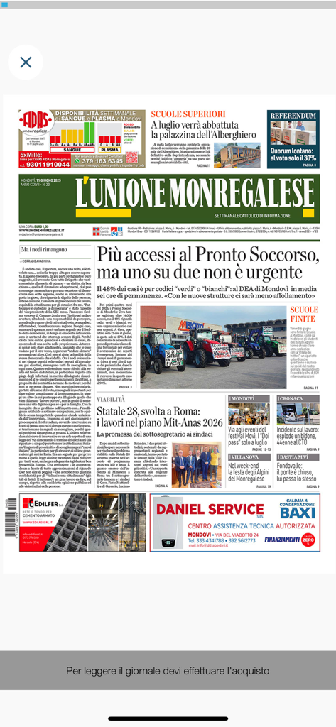L'Unione monregalese - Prima pagina dell'app del giornale digitale L'Unione Monregalese con notizie locali da Mondovì