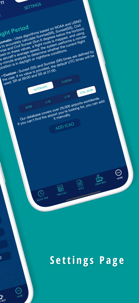 AeroTime Pro - Interfaz de configuración de la aplicación AeroTime Pro para calcular las horas de vuelo nocturno y gestionar los datos de los aeropuertos