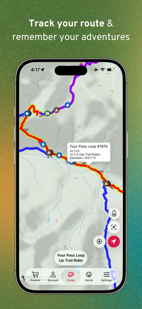 FarOut: Offline GPS Trail Maps - FarOut app displaying a topographic GPS trail map with elevation and waypoints for thru-hiking