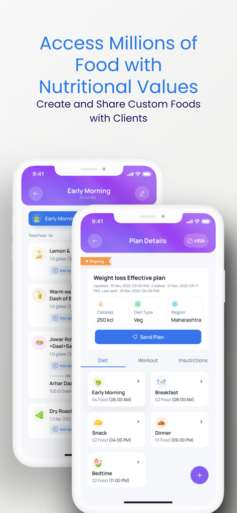 NutriSwift mobile app interface showing a weight loss diet plan and food nutritional values for dietitians to share with clients.