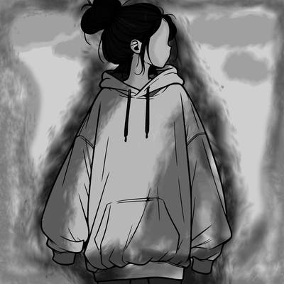 realistic girl with a oversized sweatshirt on and a bun
