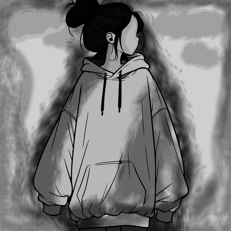 realistic girl with a oversized sweatshirt on and a bun