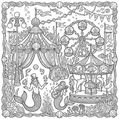 Explore a whimsical underwater world where mermen host a spectacular carnival. This detailed adult coloring page offers a unique blend of fantasy and festive fun, perfect for an escape into oceanic wonder.