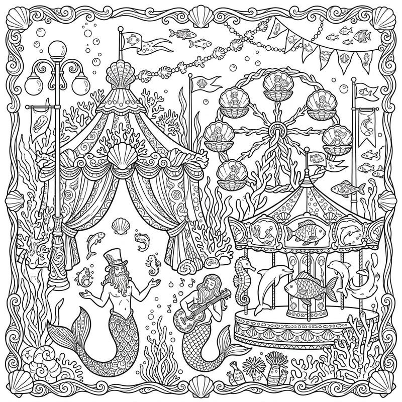 Explore a whimsical underwater world where mermen host a spectacular carnival. This detailed adult coloring page offers a unique blend of fantasy and festive fun, perfect for an escape into oceanic wonder.