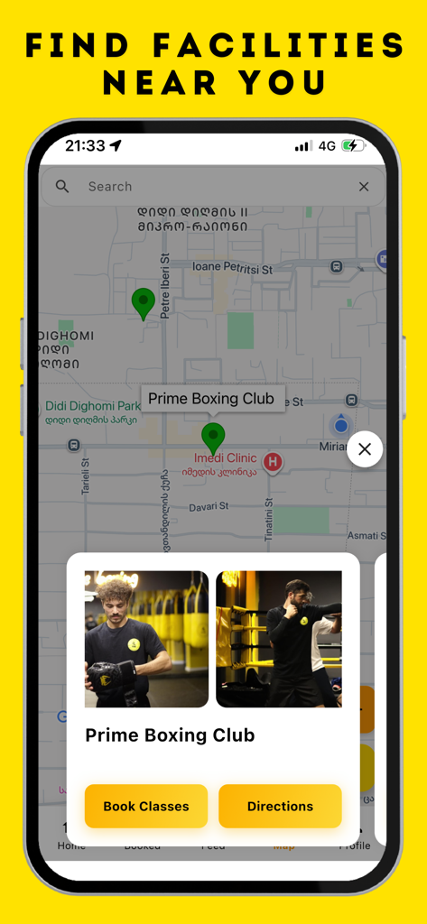 SmartClass App - SmartClass App map interface showing Prime Boxing Club location and booking options.