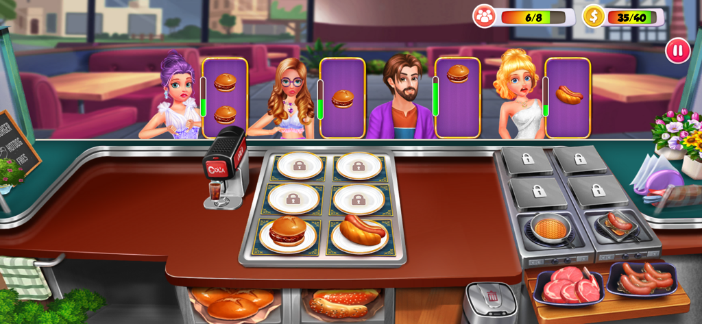 Cooking Games - Food Games - Una pantalla de juego en 3D de un restaurante de comida callejera que muestra a los clientes pidiendo hamburguesas y perritos calientes