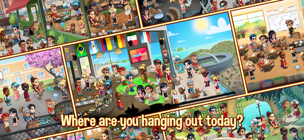 Eine Collage, die verschiedene 2D-virtuelle Umgebungen und diverse Avatare zeigt, die in der Friendbase-App abhängen.