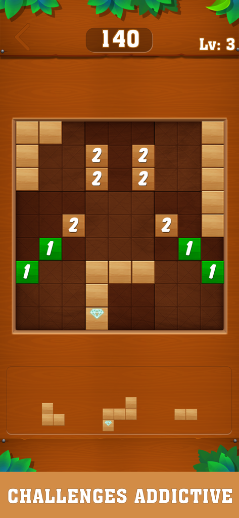 Mind Timber: Wood Block Blast - Gameplay screen of Mind Timber showing wooden blocks on a grid with score and level details