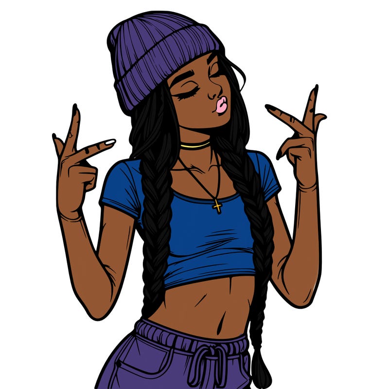 realistic teenage girl with braids and a beanie and crop top doing 🫶🏼