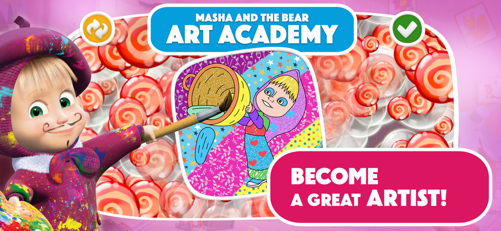 Masha and the Bear: Painting - マーシャと熊のアートアカデミー塗り絵アプリで、絵描きの格好をしたマーシャ。