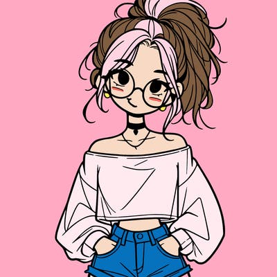 girl with a messy ponytail glasses a baggy crop top and jean shorts