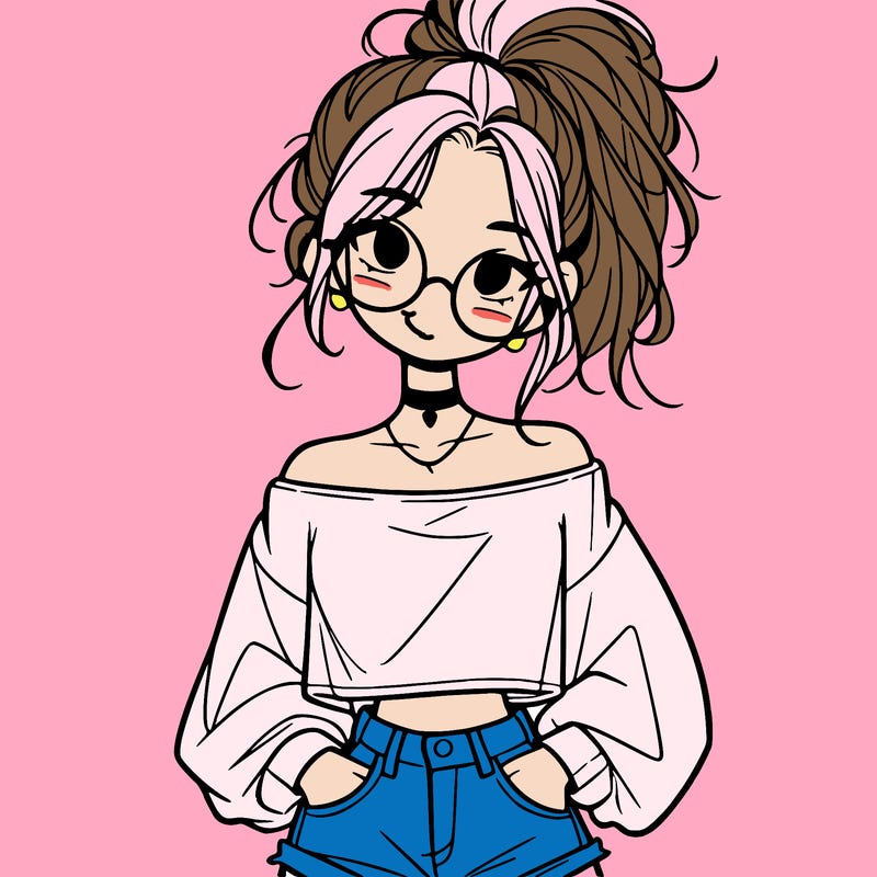 girl with a messy ponytail glasses a baggy crop top and jean shorts