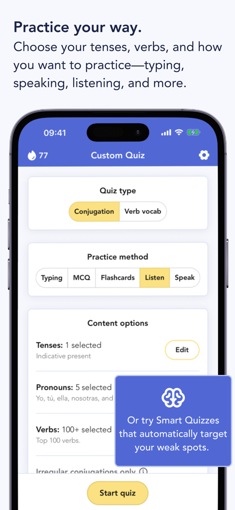 Ella Verbs: Learn Spanish - Interfaz de la aplicación Ella Verbs que muestra la configuración de cuestionarios personalizados para la práctica de verbos españoles con opciones para diferentes tiempos y métodos de práctica.