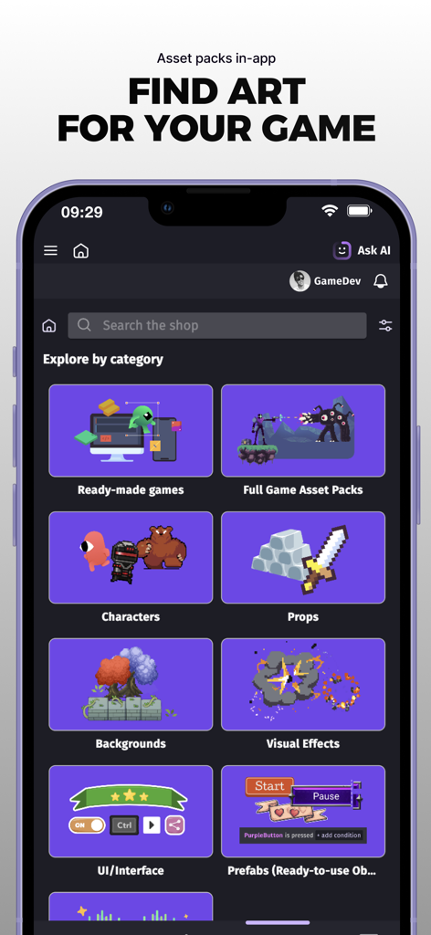 GDevelop mobile app screen displaying a store with categories for game assets like characters, props, and backgrounds