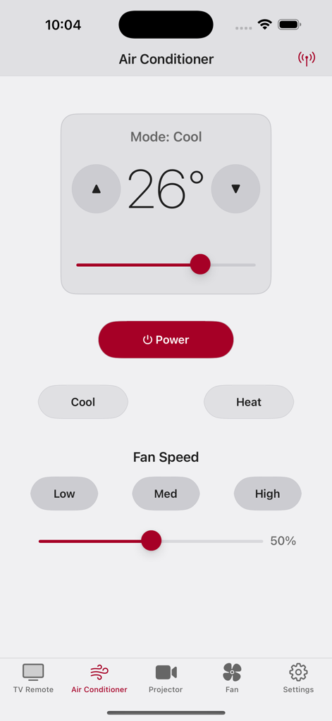 TCL Remote - TV Remote Control - Tela de controle de ar condicionado no aplicativo TCL Remote com ajuste de temperatura e configurações de velocidade do ventilador