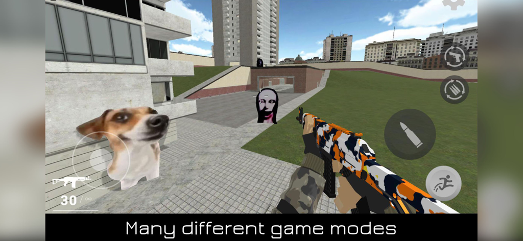 Nextbots Online: Sandbox - Perspectiva em primeira pessoa de um jogador com um rifle de assalto enfrentando personagens de memes em um mapa de sandbox de cidade.